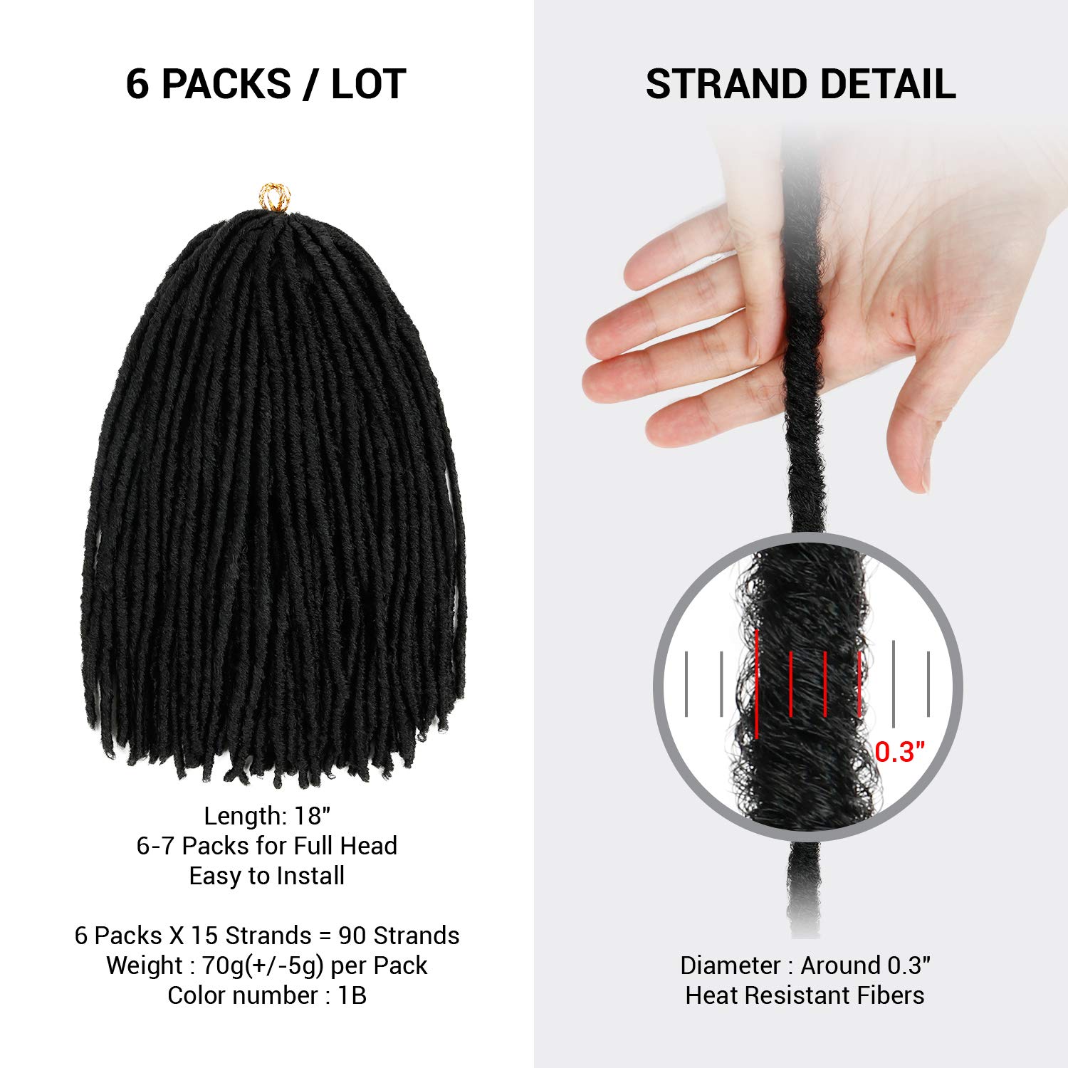 AU-THEN-TIC Faux Locs Straight Crochet Hair,18 Inch, 6 Packs, Pre-Looped Synthetic Extensions for Dreadlock and U-Loc Styles, (1B Off Black)