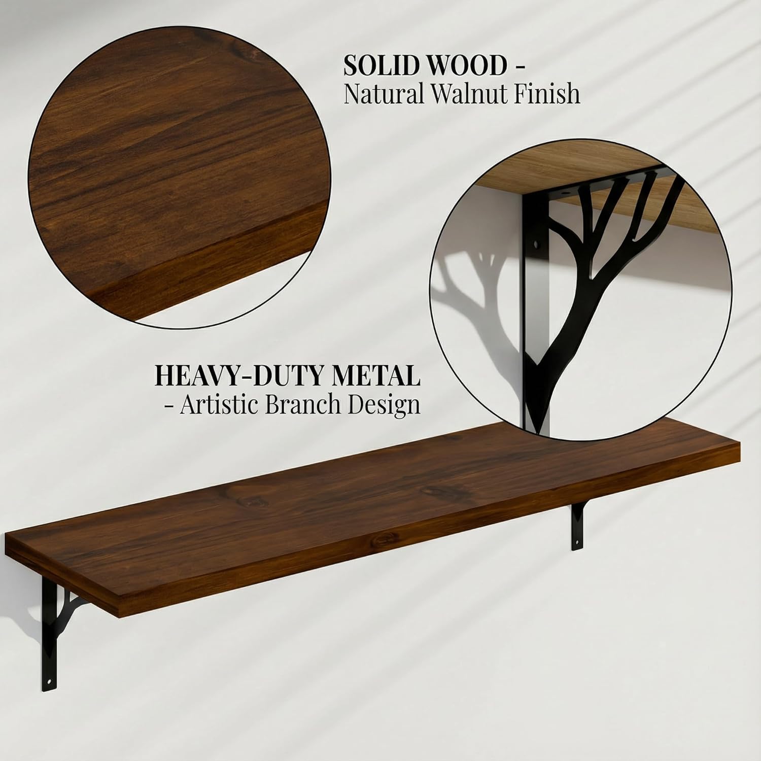 48Inch Solid Pine Wood Floating Shelves Set of 3, Walnut Wood Wall-Mounted Storage Shelves with Heavy-Duty Metal Brackets | Decorative Hanging Book Shelf for Living Room,Bedroom,Bathroom,Kitchen
