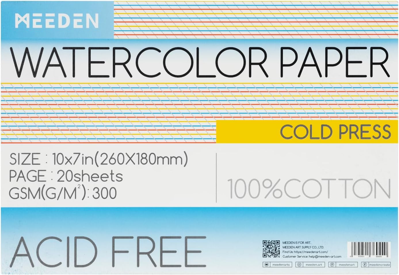 Watercolour Paper Block, 100% Cotton Watercolour Paper Pad of 20 Sheets, 140lb/300gsm, Acid-Free Art Paper for Watercolour, Gouache, Ink and More, 10" x 7" Cold Press