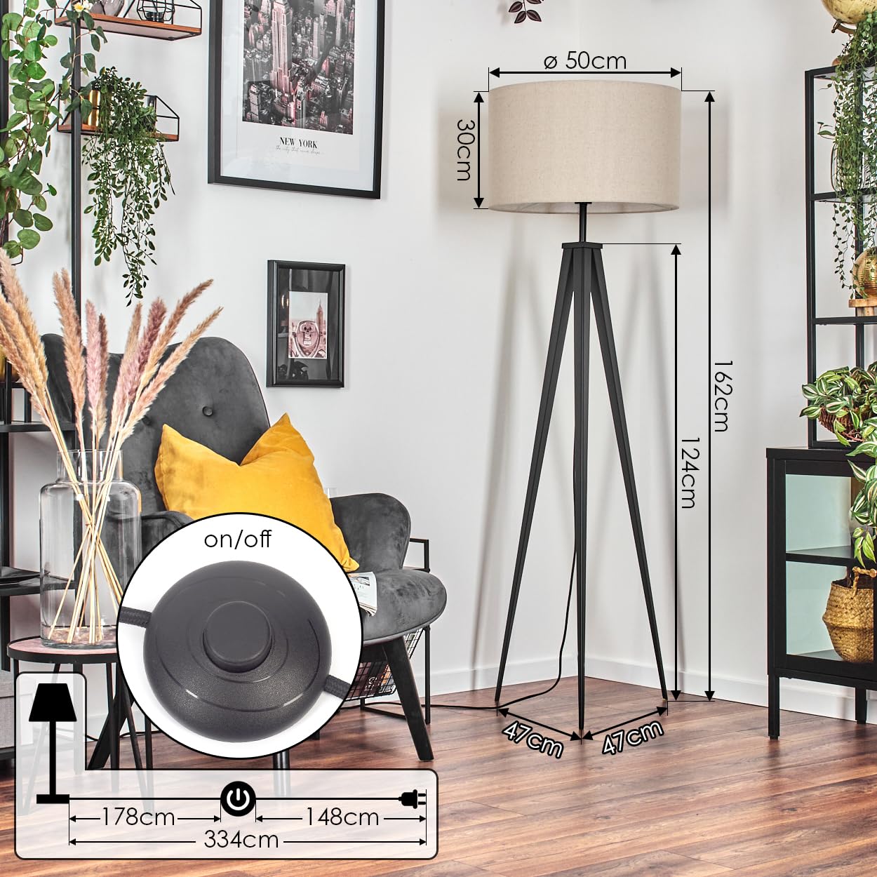 HOFSTEIN Stehleuchte Flemming, Stehlampe aus Metall/Stoff in Schwarz/Beige/Weiß, Leuchte im Boho-Style, skandinavisches Design (Ø 50 cm), Höhe 162 cm, mit Fußschalter, 1 x E27, ohne Leuchtmittel