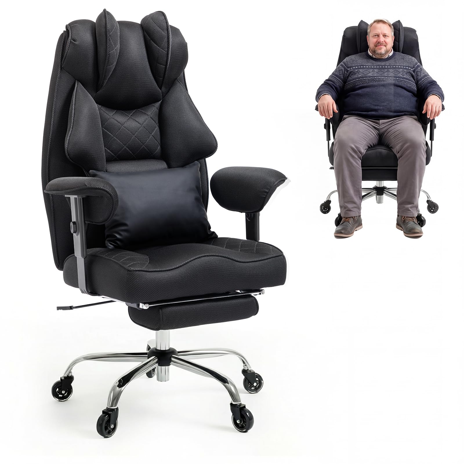 Ergonomischer Bürostuhl 200kg, XXL Chefsessel Fußstütze Homeoffice | XXL Schreibtischstuhl Ergonomisch, 90–135° Rückenlehne, W-Form Sitzkissen, Lendenkissen, Mesh Stoff Schwarz