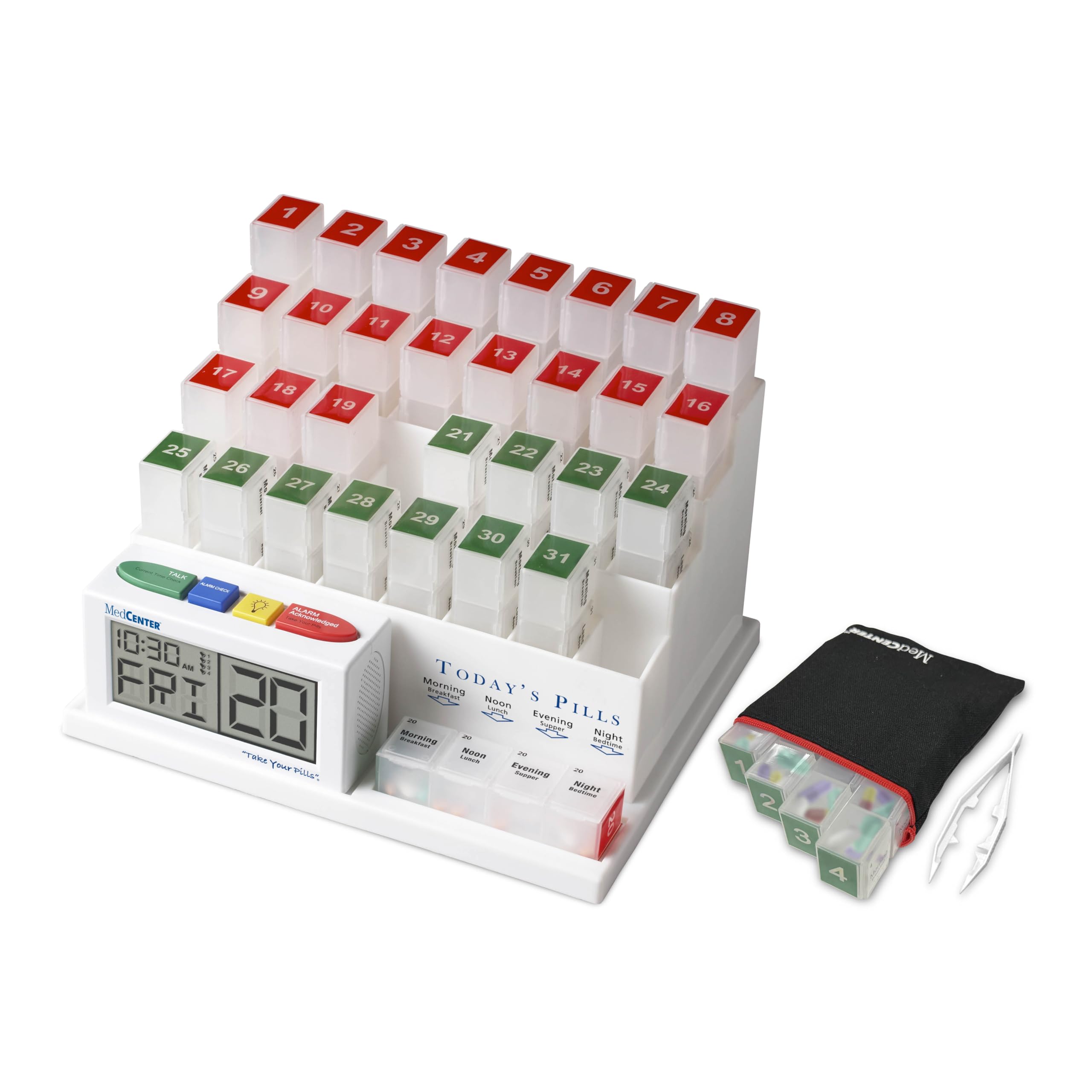 MedCenter 31-Day HSA/FSA Monthly Pill Organizer System with Talking Reminder Clock, Travel Pouch & Tweezers – 4 Daily Dose Compartments – Ideal