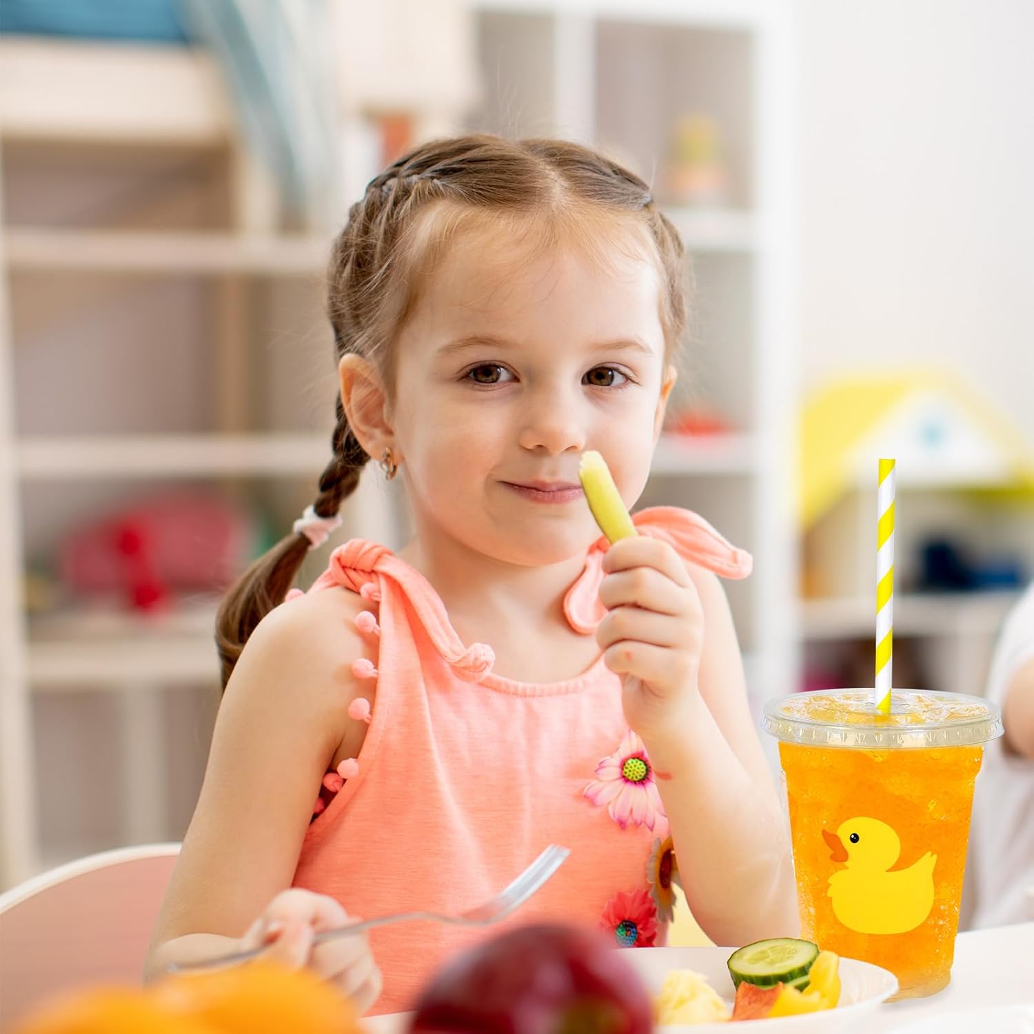 Whaline 50Pcs Yellow Duck Plastic Cups with Lids and Straws 12oz Party Cups Cute Duck Beverage Drinking Cups for Birthday Summer Pool Beach Party - Image 7