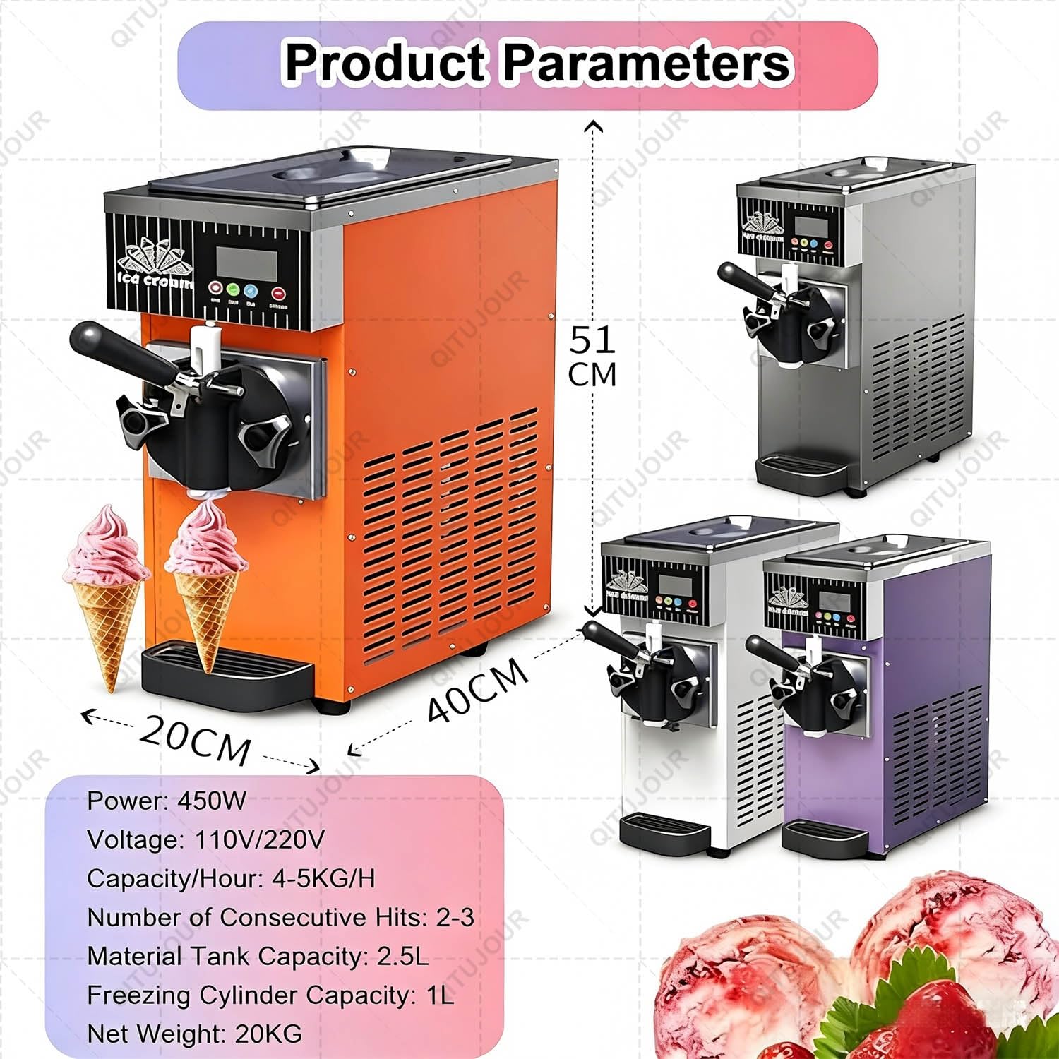 Machine à Glace Italienne Professionnelle De Comptoir En Acier Inoxydable, Mono-Parfum, Panneau LED, 4-5 Kg/H, 80-100 Pièces/H, Idéale Pour Restaurants, Boutiques Et Snacks(Purple)
