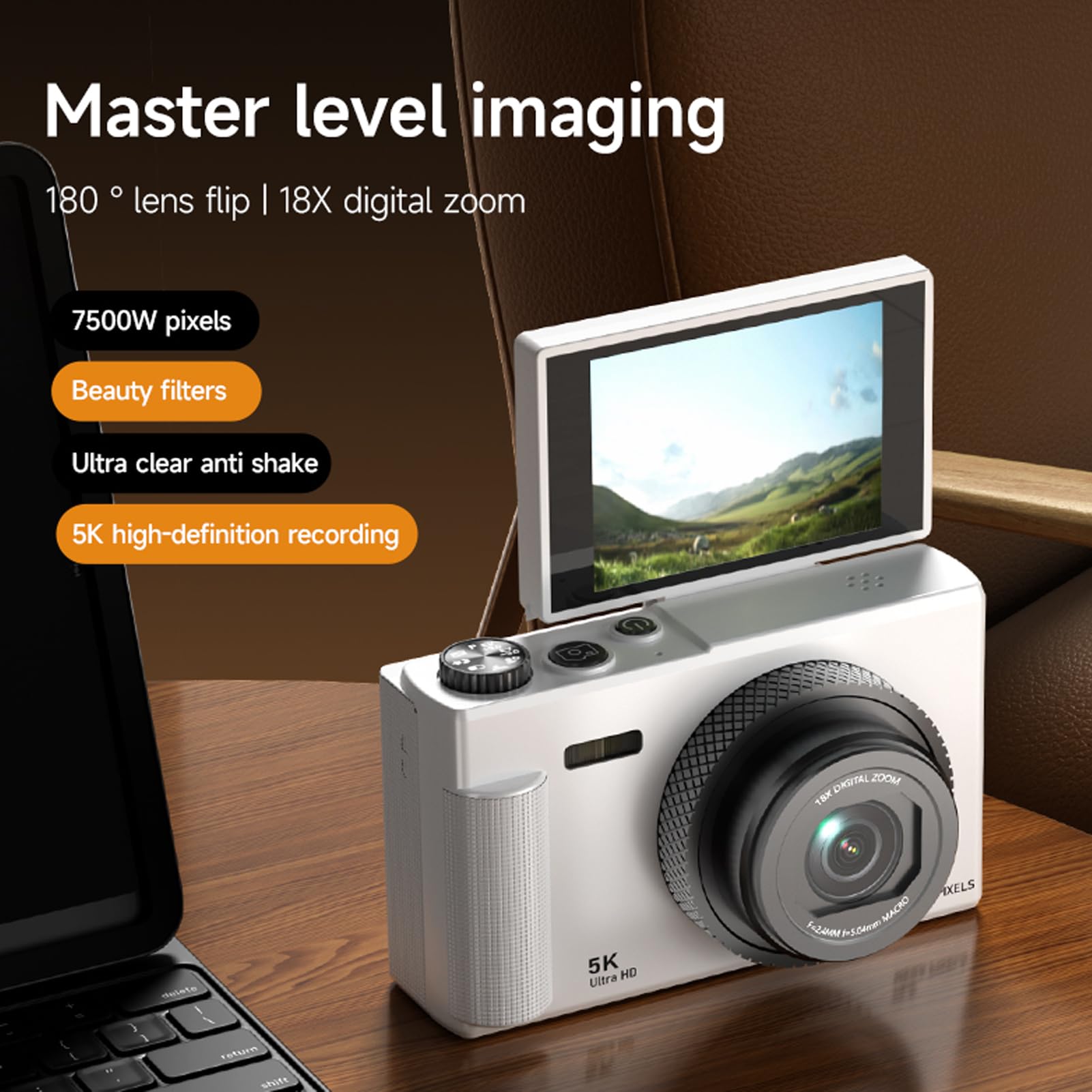 BuyWeek Fotocamera Digitale 5K 75MP, Fotocamera per Vlogging HD con Zoom 18X Autofocus con Schermo Flip 180° 2,8", Selfie, Flash Incorporato, Supporta Schede Fino a 256GB (Bianca)