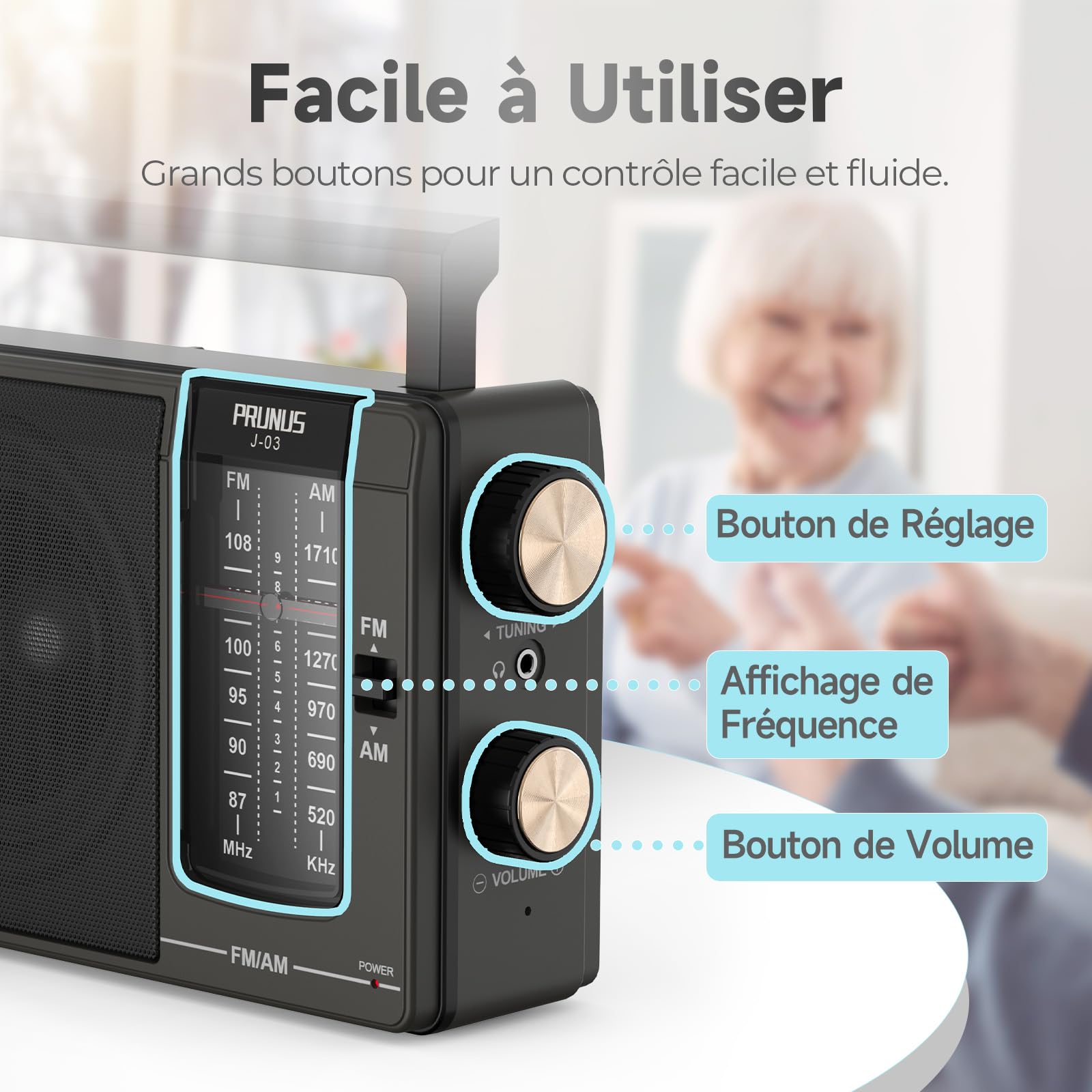 Poste Radio FM/AM PRUNUS J-03 Radio Portable Piles et Secteur, Transistor Haute Performance, Excellente Réception DSP, Haut-Parleur Puissant, Prise Casque 3.5mm - Idéal pour Personnes Âgées, Cuisine