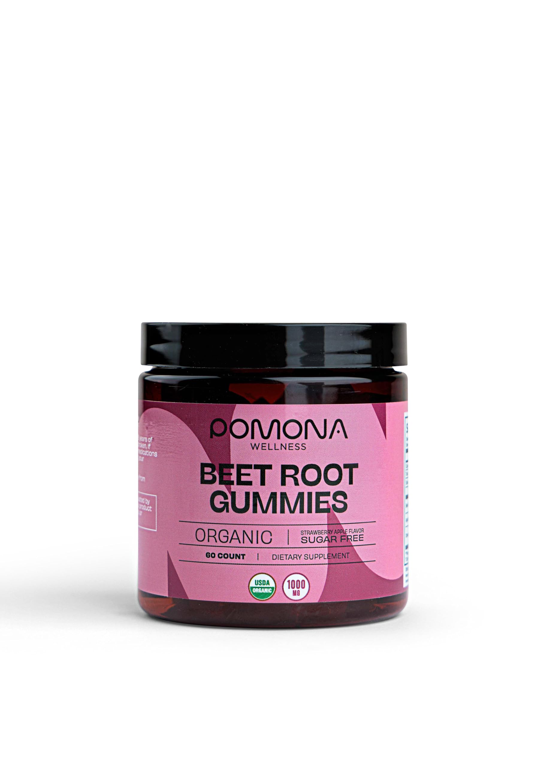 Pomona Wellness Organic Potent Beetroot Powder Gummies 1000mg – Sugar Free, Nitric Oxide Supplement - Natural Strawberry and Apple Flavor, Vegan, 60 Count