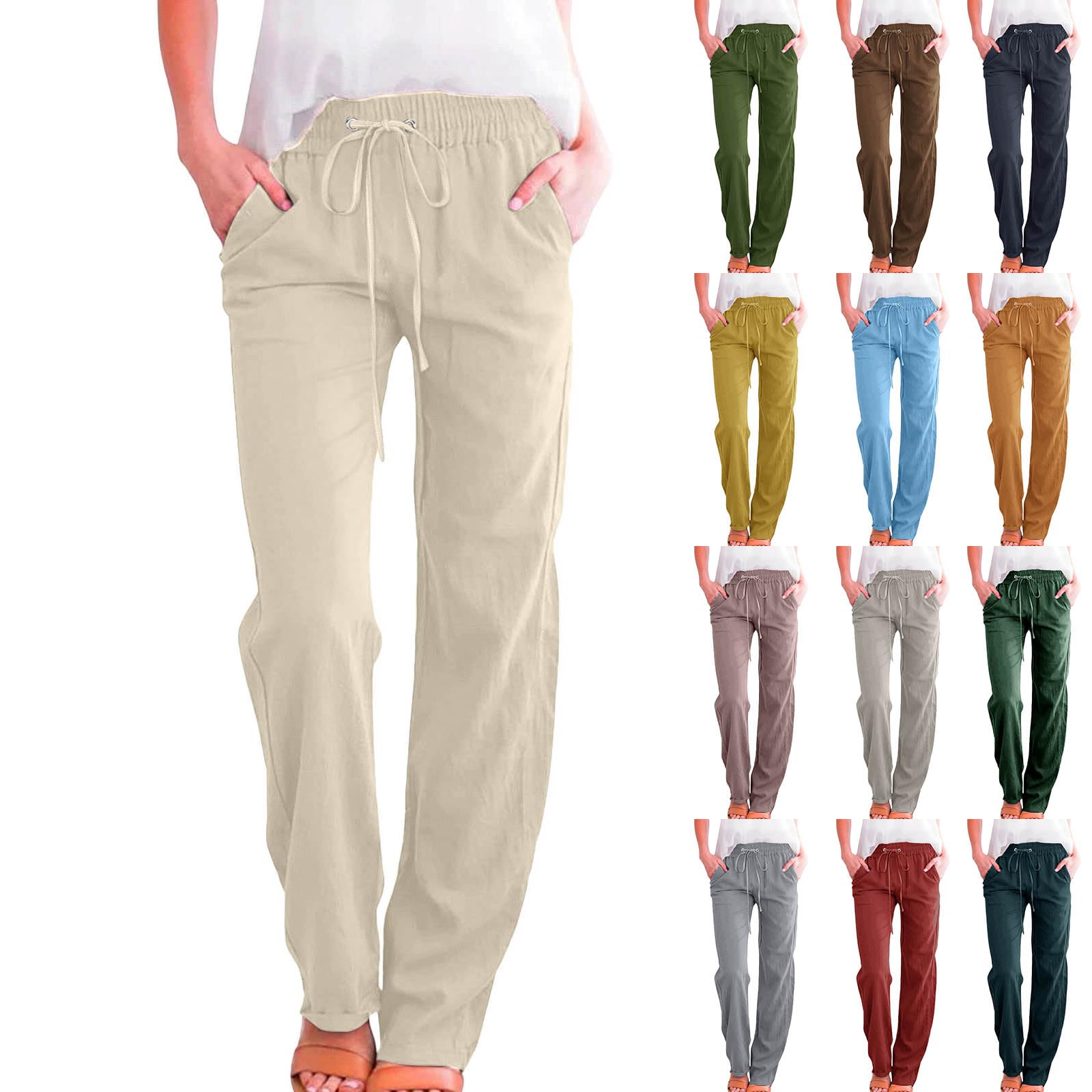 Womens Cotton Linen Pants Lightweight Drawstring Elastic Waist Pant Casual Wide Leg Lounge Trousers with Pockets
