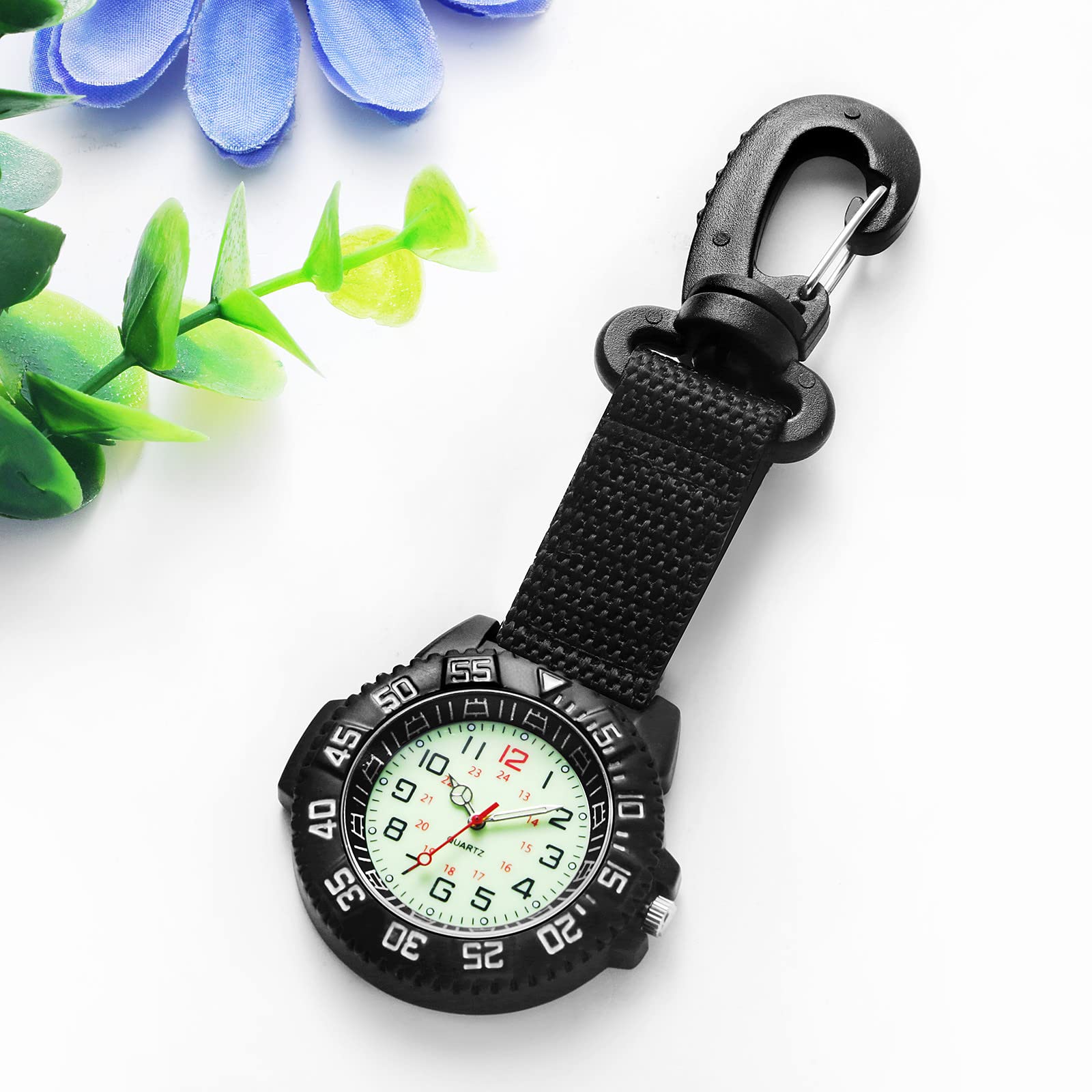 JewelryWe Zegarek na karabińczyk 24h, analogowy, kwarcowy, zegarek kieszonkowy, klips na karabińczyk, FOB, zegarek 30, wodoszczelny, świecący, cyferblat, zegarek sportowy, karabińczyk, zegarek z kompasem, uniseks, prezent