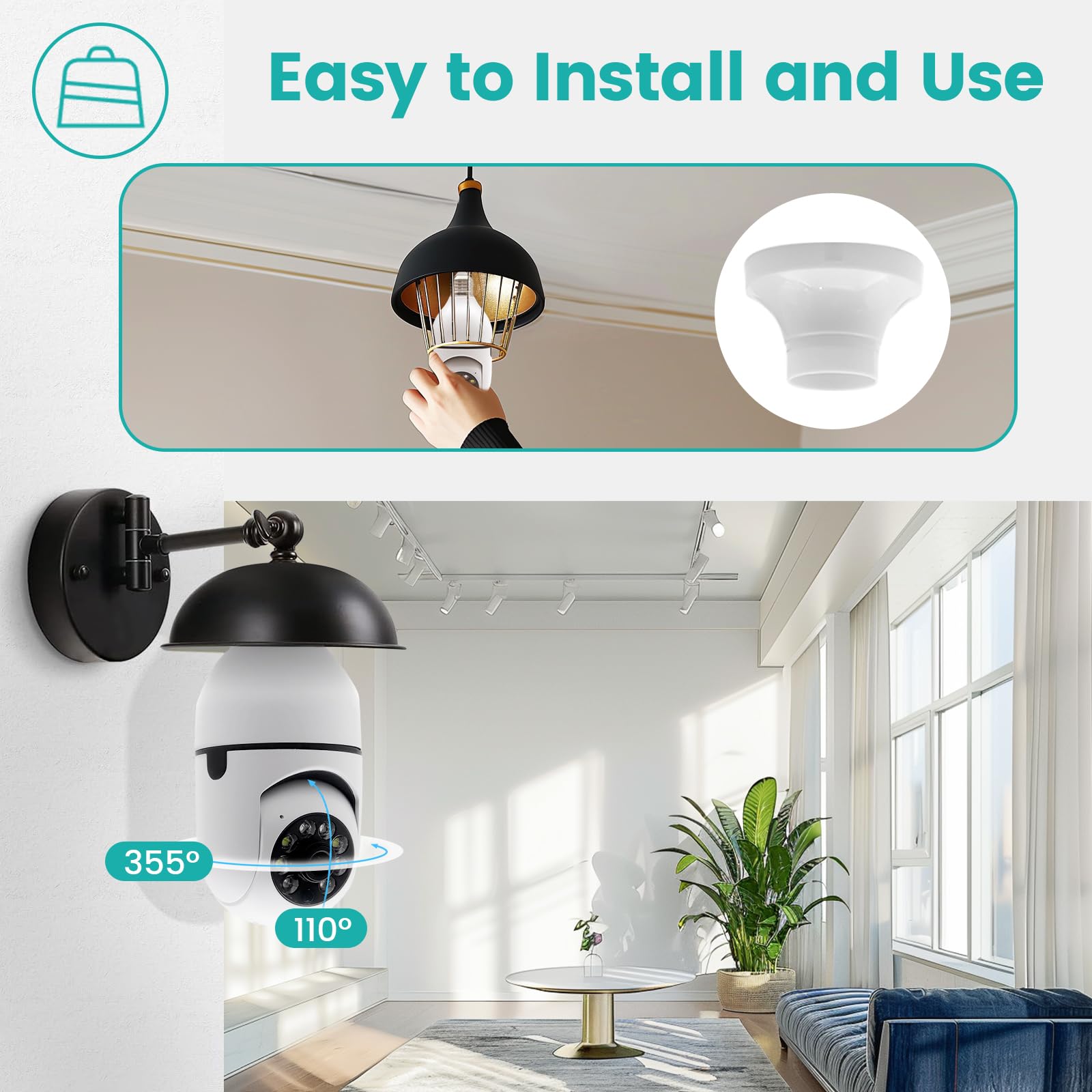 Caméra Surveillance WiFi 2K 2.4GHz Vision Nocturne Couleur Caméras de Surveillance avec Douille de Lampe E27 pour la sécurité à Domicile, la détection de Mouvement et l'alarme.