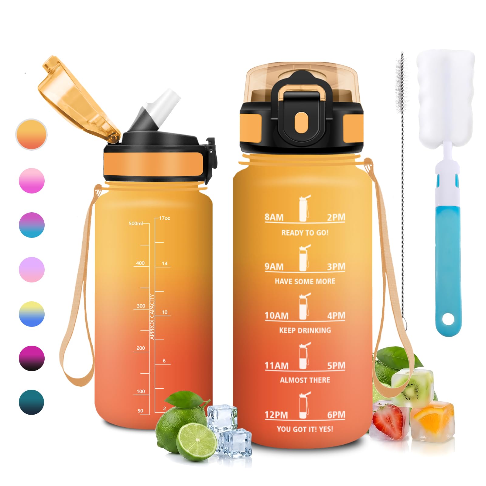 JAPORIA 500ml Water Bottle with Straw, BPA Free, Time Markers Water Bottles, Reusable, Leak Proof for School, Hiking, Camping
