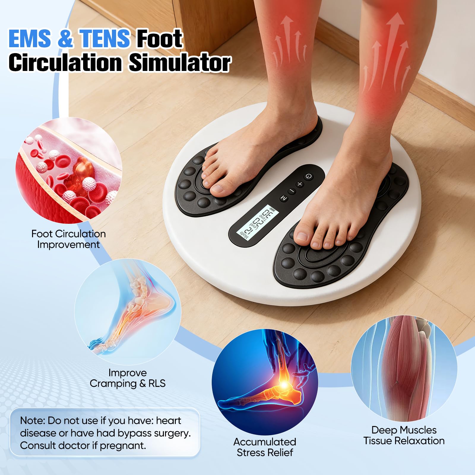 Estimulador de circulación para pies y piernas, masajeador de pies EMS con 8 almohadillas TENS, 12 modos y 20 niveles de intensidad, masajeador de pies eléctrico alivia neuropatías y circulación