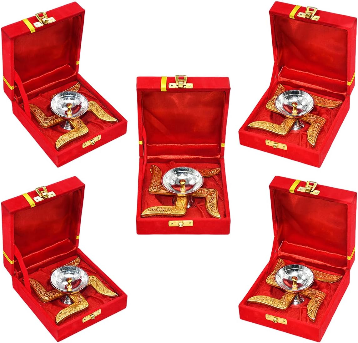 Saugat Traders Corporate Gifts for Diwali Combo Pack of 5 - Metal Swastik Diya with Box Gift for Clients, Office Employees, Family, Friends - Religious Return Gifts Bulk