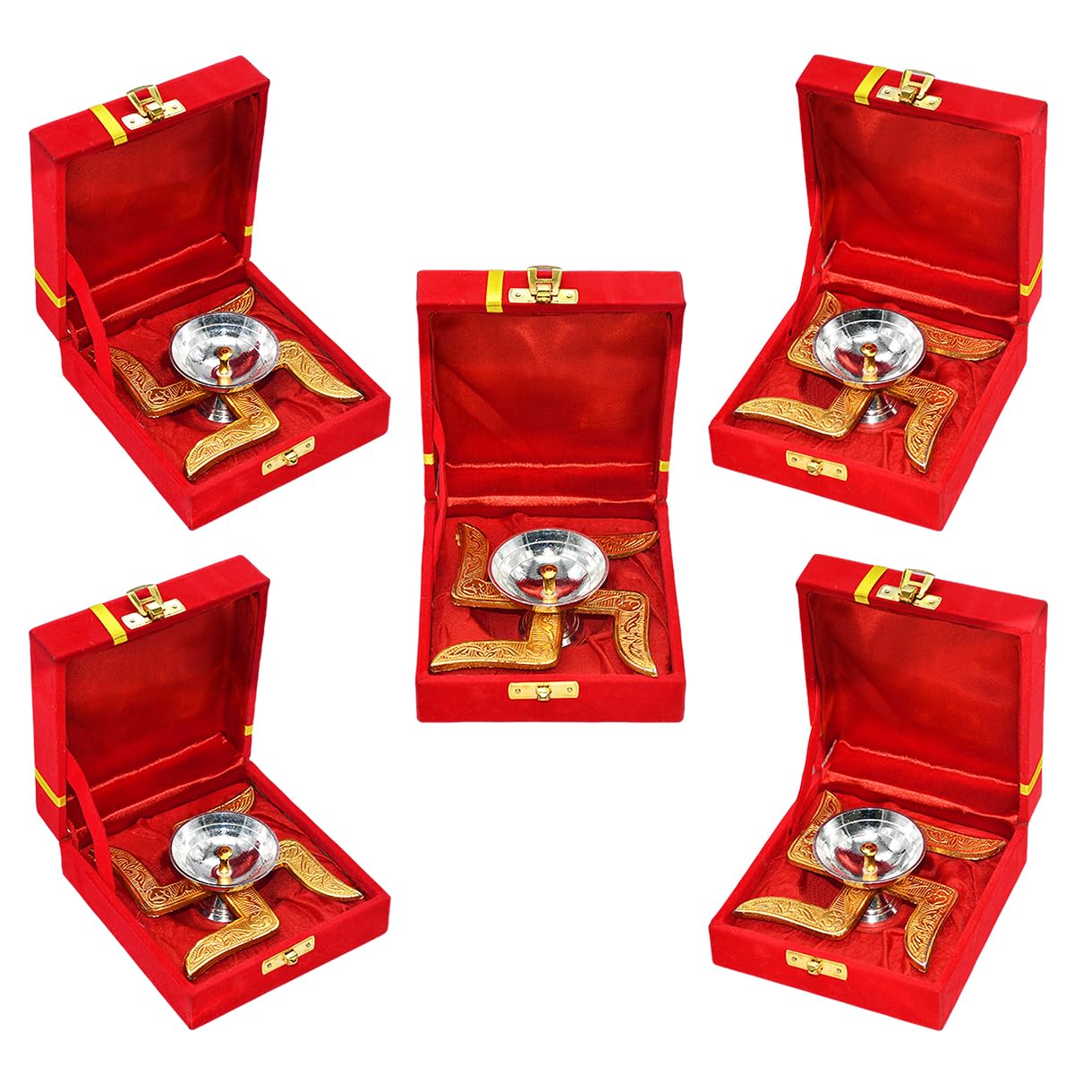 Saugat Traders Corporate Gifts for Diwali Combo Pack of 5 - Metal Swastik Diya with Box Gift for Clients, Office Employees, Family, Friends - Religious Return Gifts Bulk