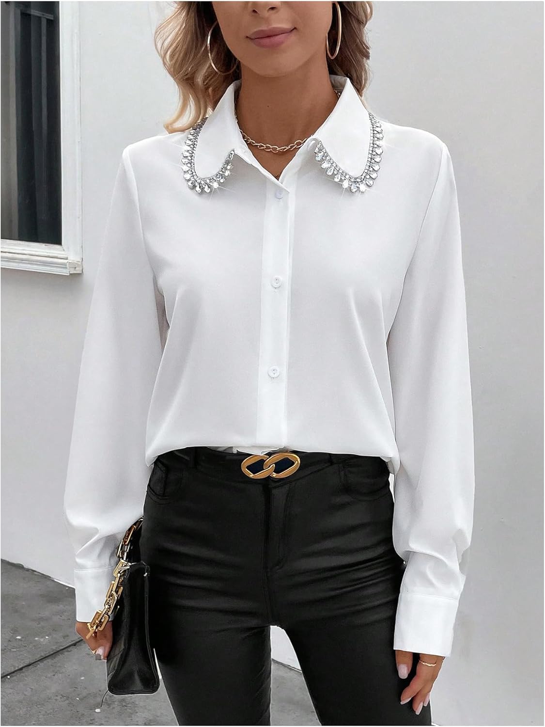 SweatyRocks Women's Long Sleeve Button Down Blouses Rhinestone Decor Work Tops - Image 3