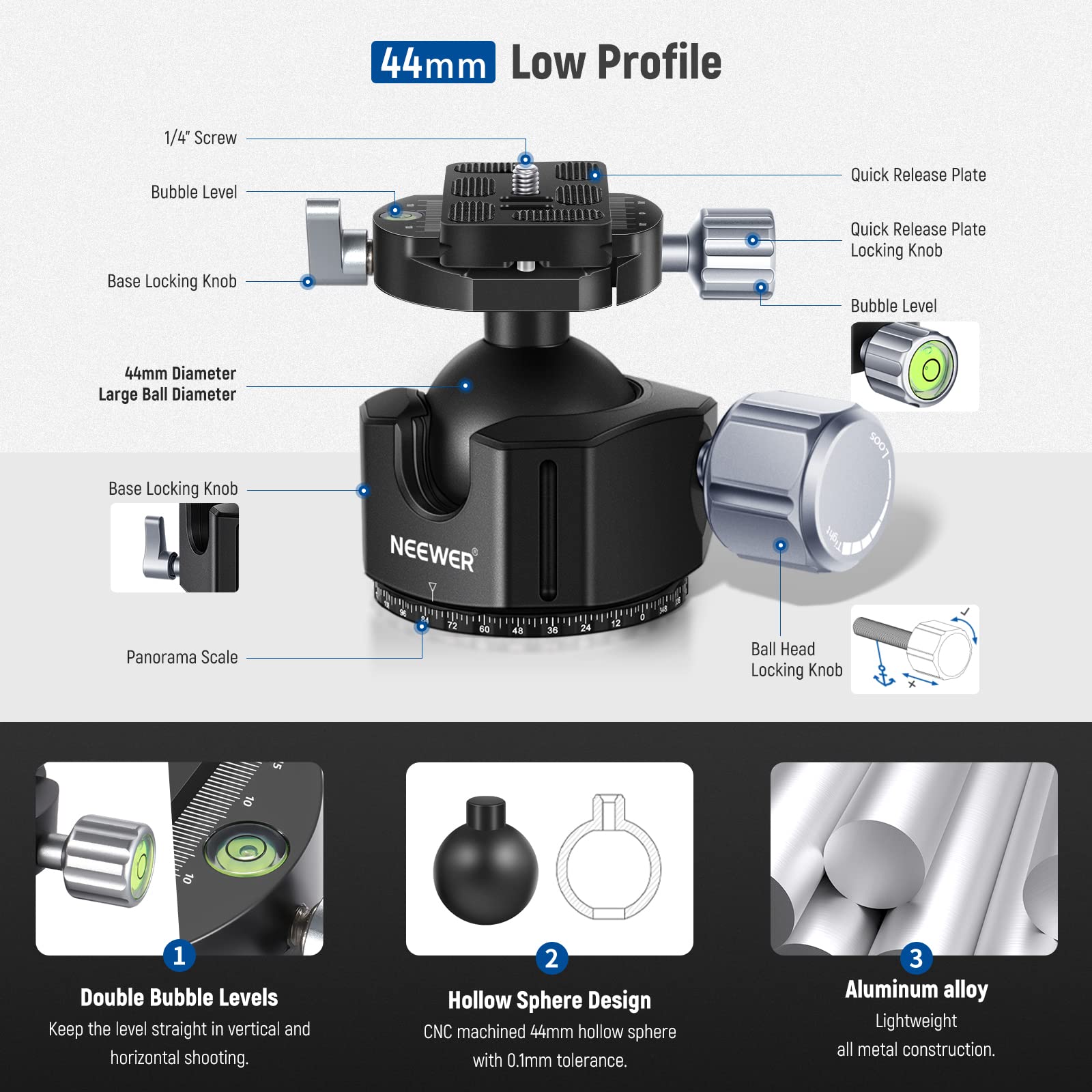 NEEWER Cabezal de Bola de Perfil bajo de 44 mm, aleación de Aluminio CNC Resistente con Doble panorámica de 360° y Tornillo de 1/4 Pulgadas, Placa Tipo QR para cámara DSLR, videocámara, trípode,