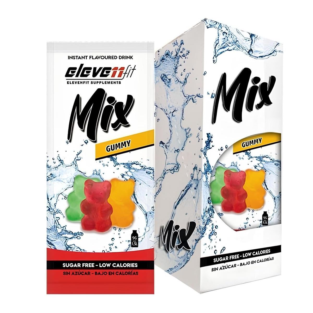 Mix Gummy Eleven fit 12 sobres de 9 g, bebida instantánea sin azúcar sabor gominola, baja en calorías y carbohidratos, fácil de preparar en agua, con vitamina C y 108 g totales.