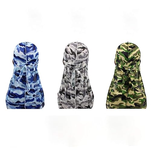 Paquete de 3 piezas de durags sedosos de camuflaje para hombre de satén Doo Rag (A-Camo 3PK), A-camo 3pk