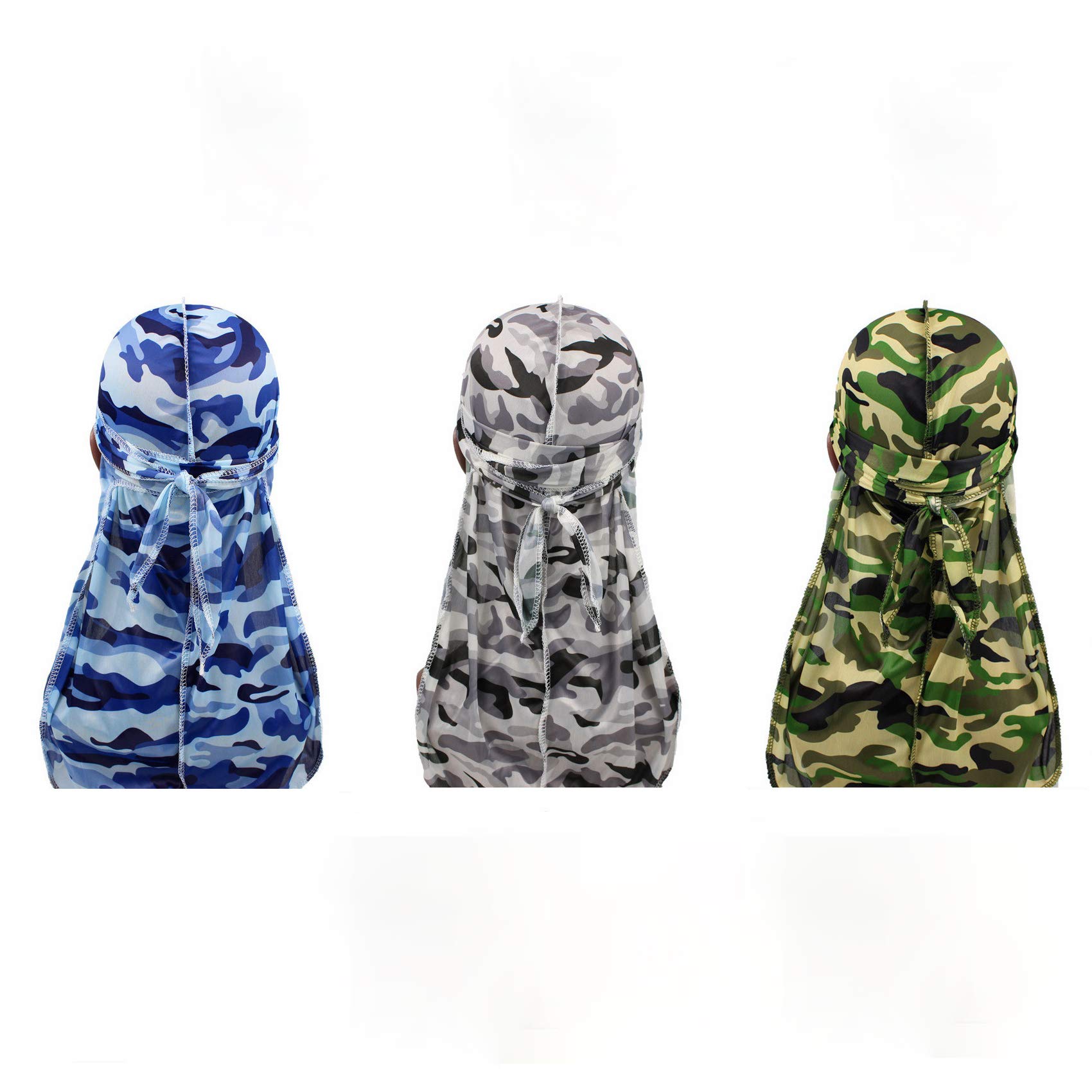 Deepth 3PCS Men Camo Silky Durags Pack Satin Doo Rag