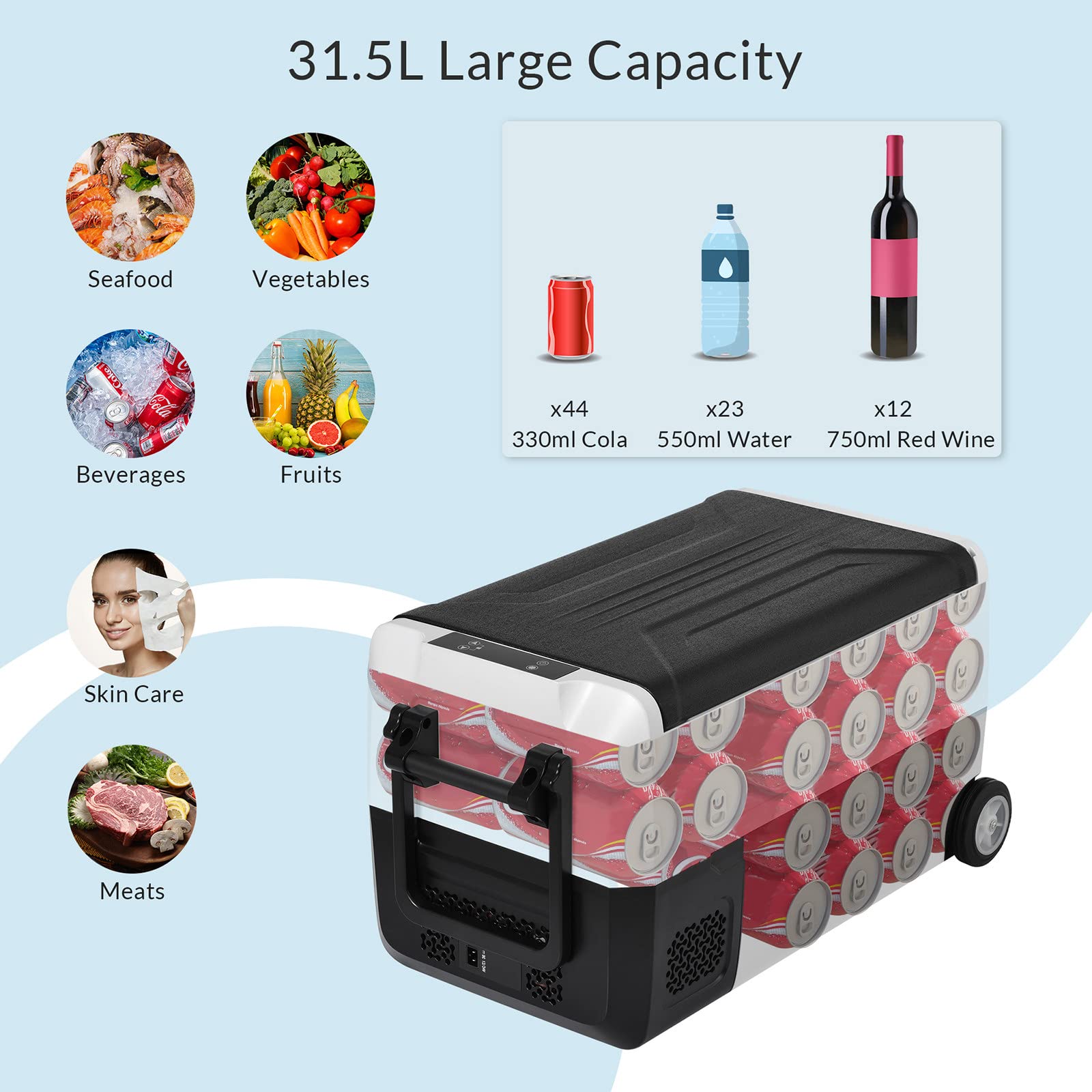 Sprężarka elektryczna, przenośna lodówka elektryczna 31,5 l, lodówka samochodowa, podwójna strefa, kontrola aplikacji, 12/24 V i 100-240 V