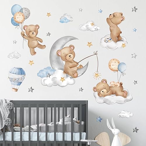 decalmile Calcomanías de pared de oso durmiendo en la luna, globos aerostáticos, animales, nubes, calcomanías de pared para habitación de bebé,