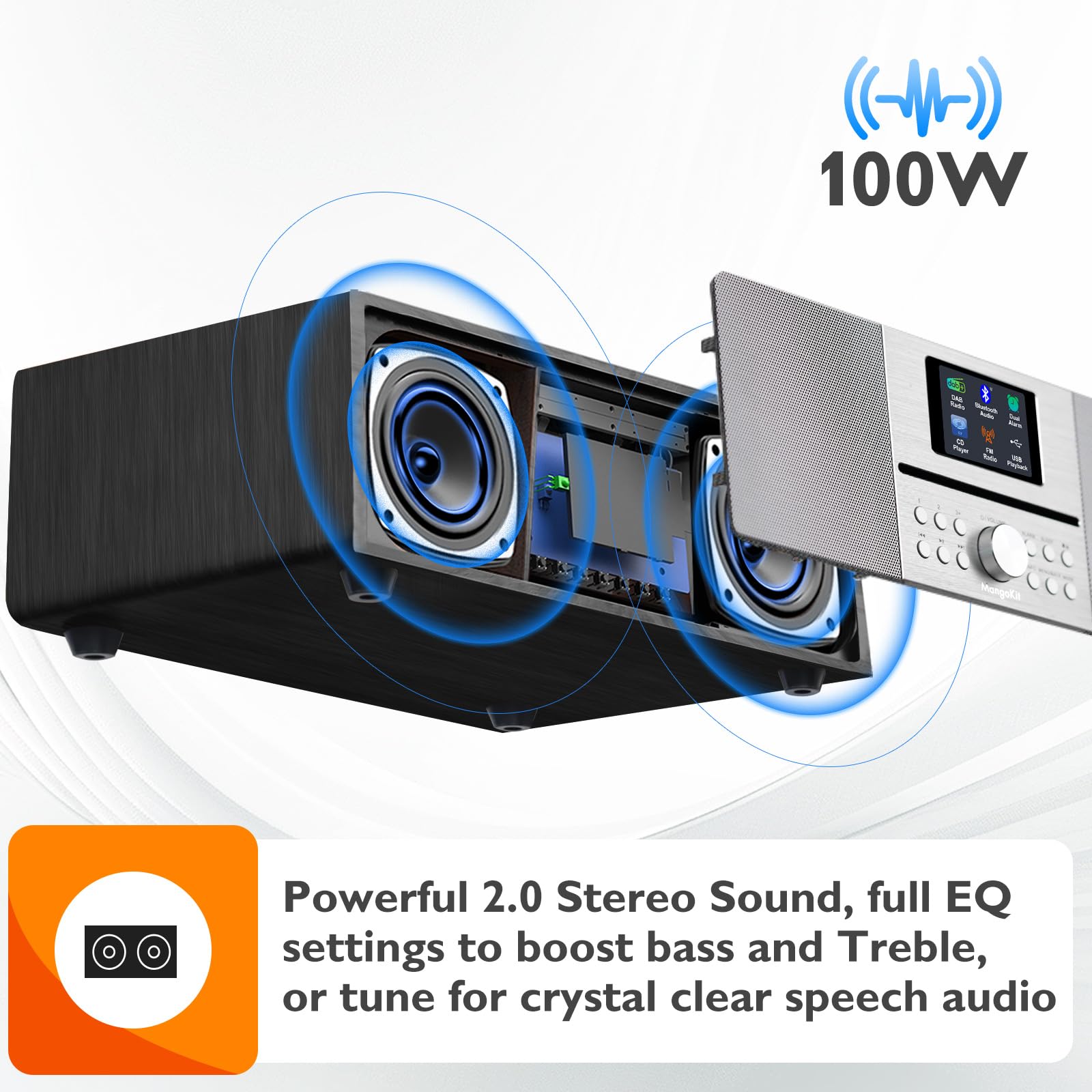 Sistema Hi-Fi MangoKit MS4+ con Reproductor de CD, Radio Dab, Bluetooth, Potente Sistema estéreo, Radio Digital Dab+, Carcasa de Madera acústica, Conector para Auriculares y Acabado, negronegro