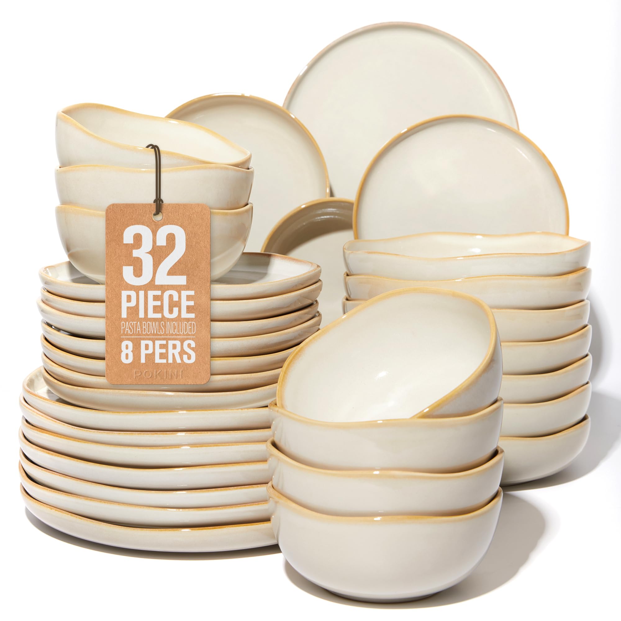 Pokini Stoneware Dinnerware Sets for 8, 32Pcs Ceramic Plates and Bowls Sets