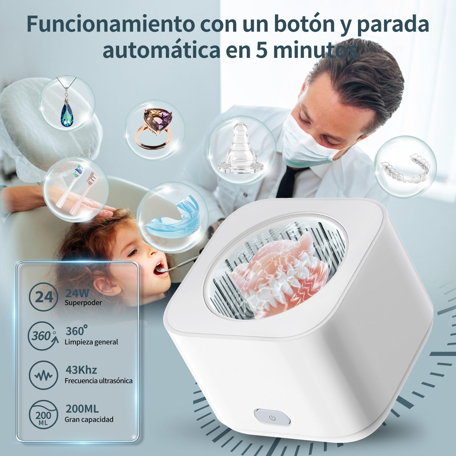 Limpiador Ultrasonidos Dental Limpieza, 43KHz Dental Pod Ultrasonic, Para Dentaduras Postizas, Alineadores, Retenedores, Cabezas de Cepillos de Dientes, Limpiador Ultrasónico Eficiente de 360°, 200ml