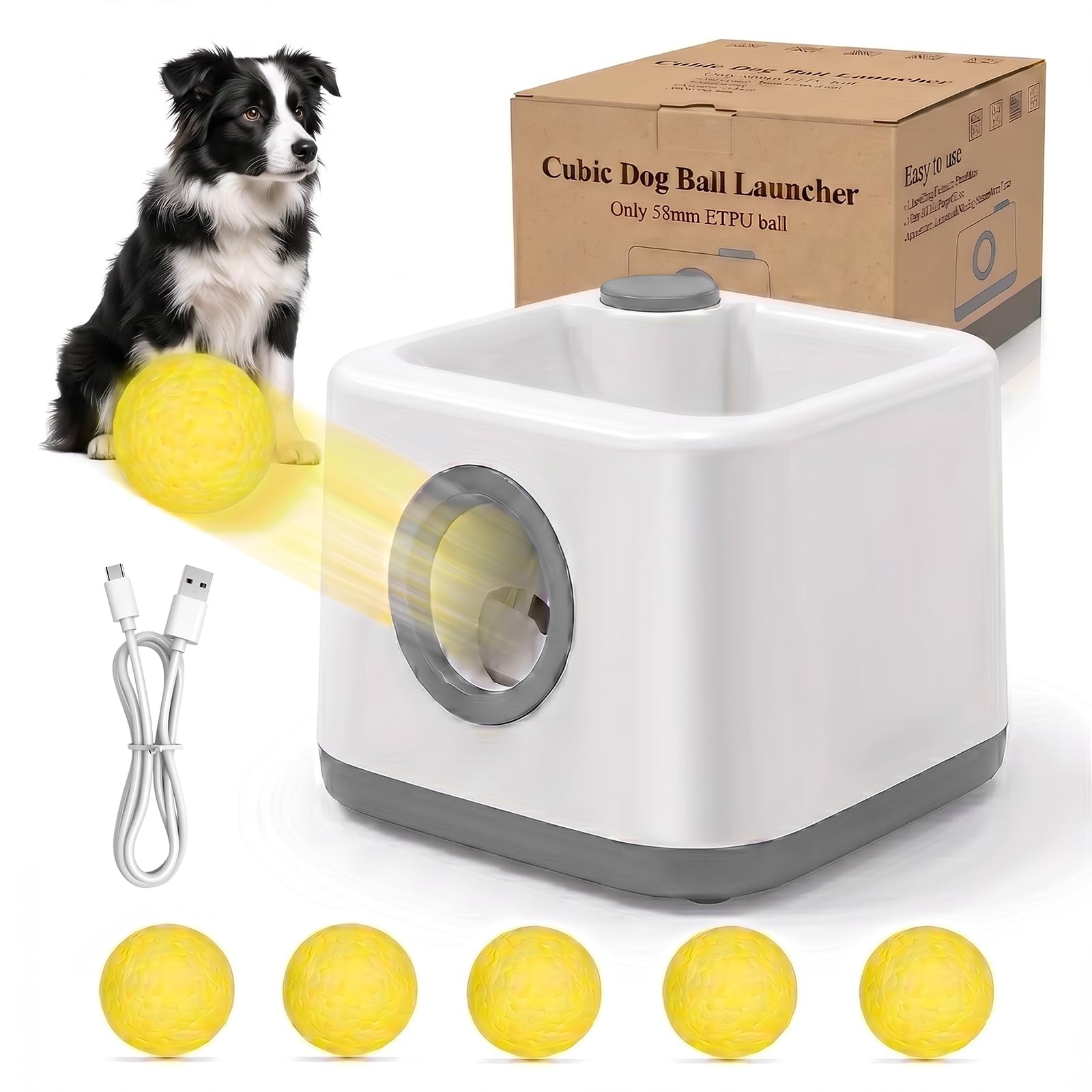 JIANAYANA Lanceur de balles automatique pour chien, jouet interactif double mode automatique et manuel, 4 distances réglables avec 5 balles ETPU, balle anti-carte pour intérieur et extérieur toutes