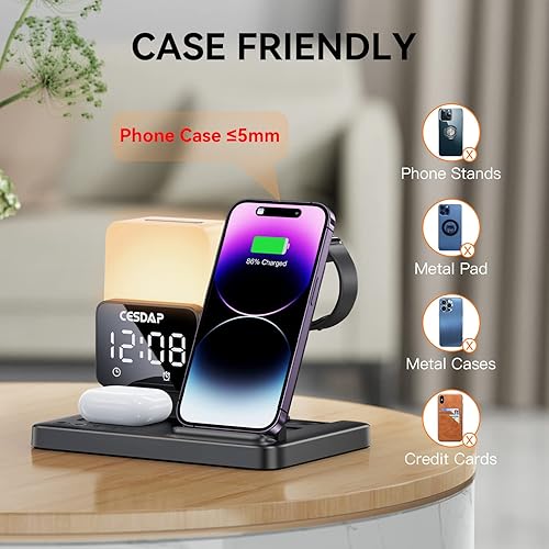 Miniatura 9 de C3 Pro - Estación de carga plegable 6 en 1 para múltiples dispositivos con luz de reloj despertador, cargador de 18 W para iPhone 1514131211 para