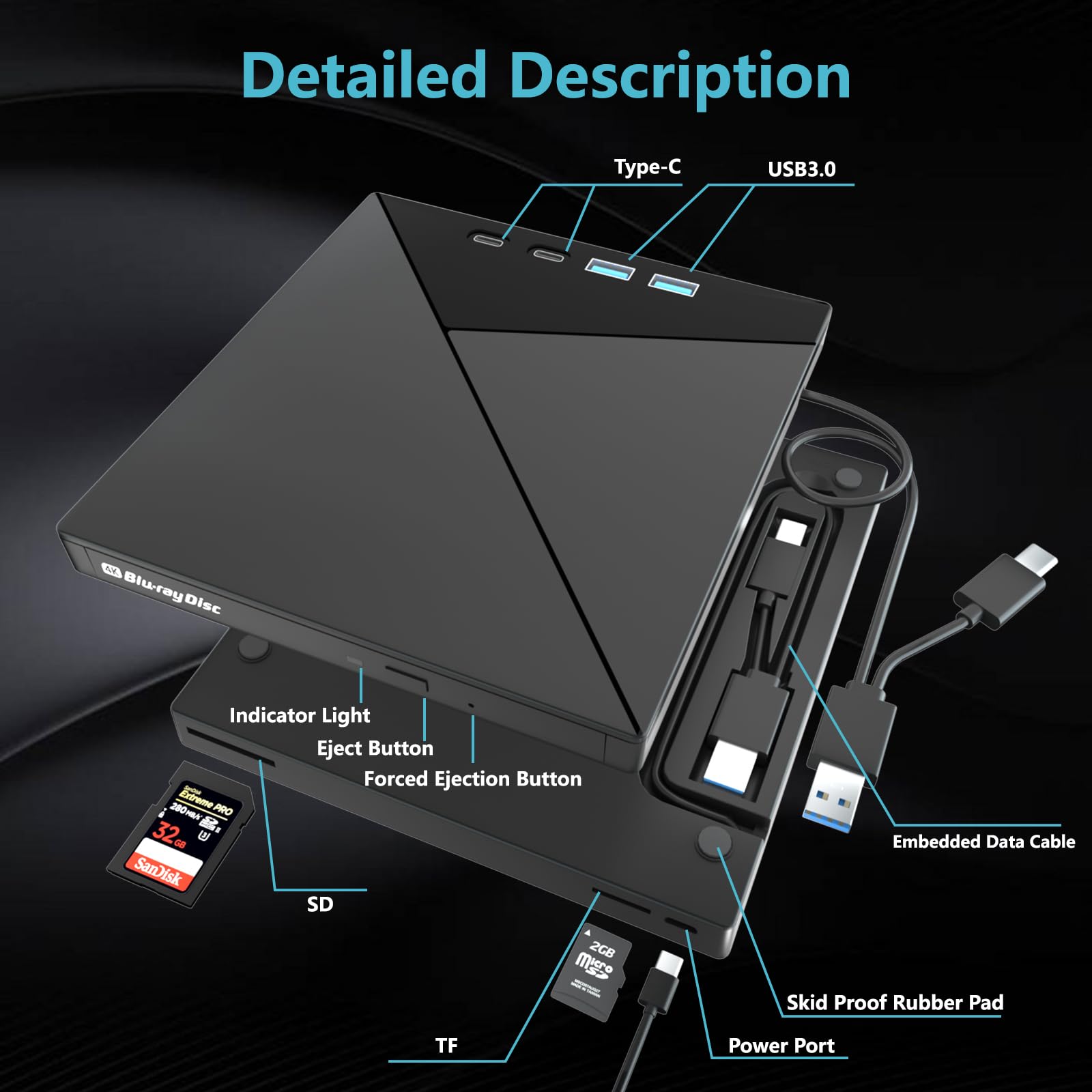 7 In 1 External Blu Ray Drive, 4k Blu Ray Burner