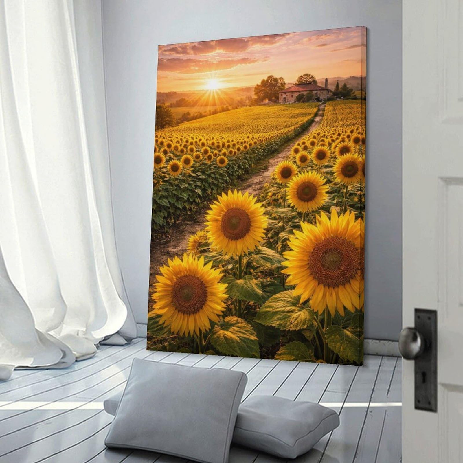 Junmoney Frame-Style-1 Sunflower Field At Sunset Decorative Canvas Print, 24X36inch(60X90cm), For Contemporary Homes, Apartments Or Offices, Home Artwork For Modern Interiors
