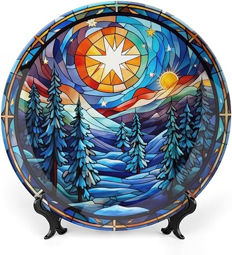 Miniatura 8 de Platos decorativos de Navidad, pintura de paisaje de invierno, diseño de vitrales, plato de cena de cerámica para el hogar con soporte de