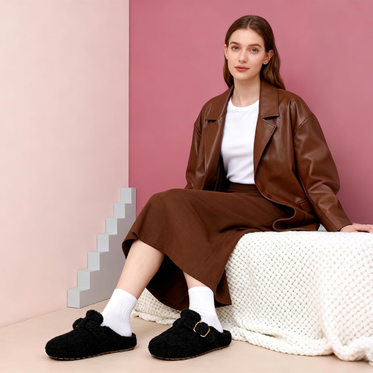 Women's Slip on Fuzzy Clogs with Adjustable Buckle Memory Foam Loafer Slippers with Polar Fleece Outdoor Warm Plush Slippers with Faux Fur Lining - Image 5