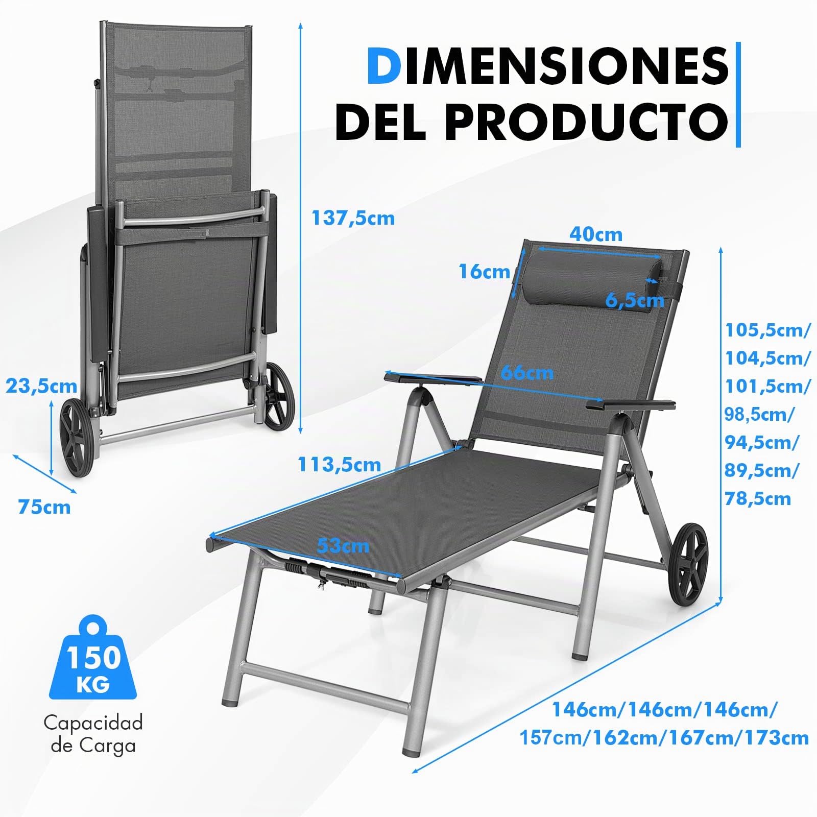 COSTWAY Tumbona Jardín Ruedas, Respaldo Ajustable 7 Posiciones (1)
