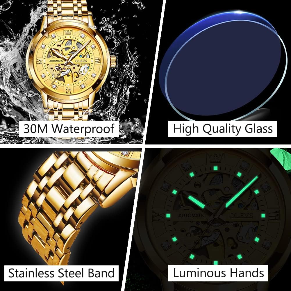 OLEVS Men's Automatic Watch, Luxury Skeleton Large Face Roman Numerals Self Winding Watch, Gold Silver Stainless Steel Watches for Men