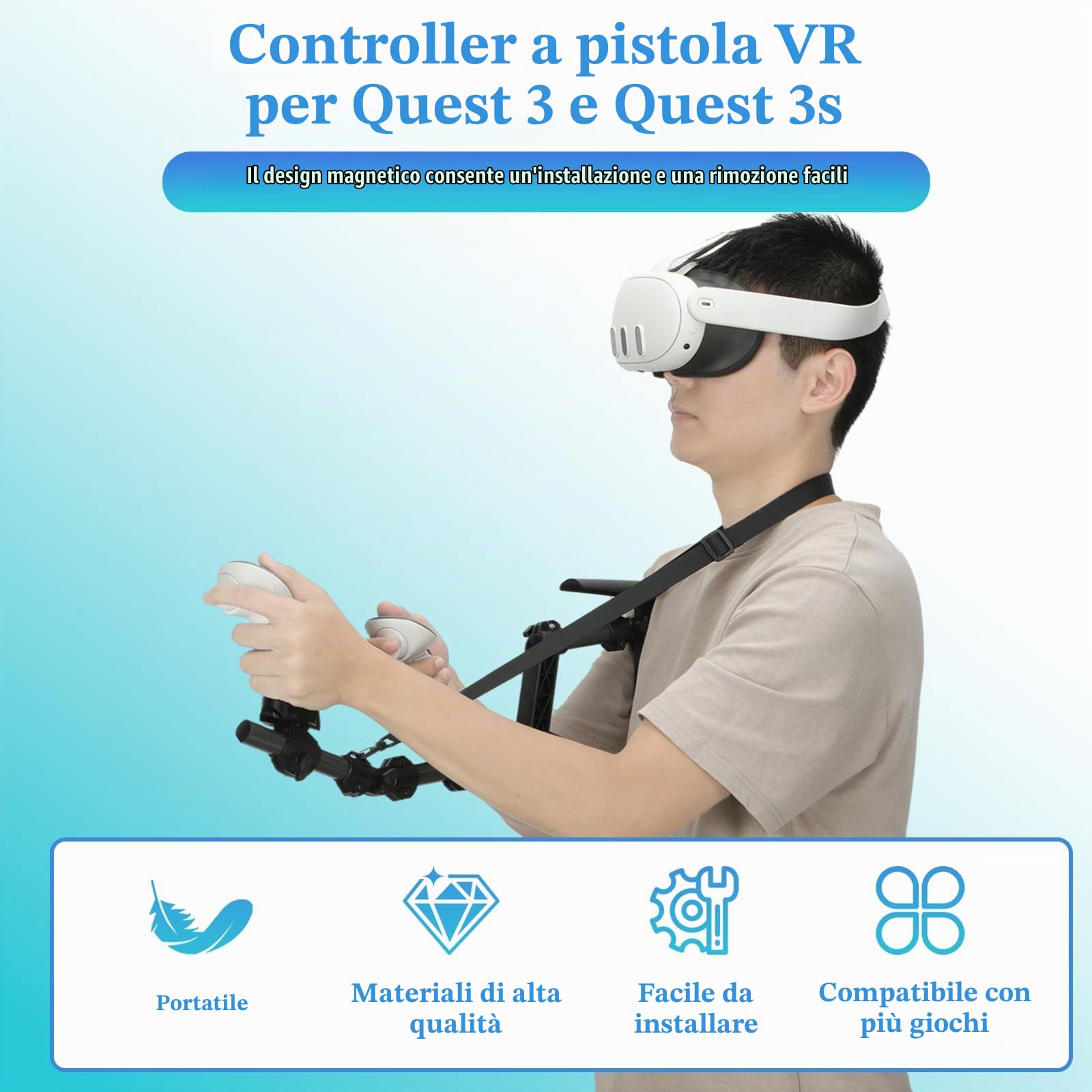 Gun Stock per MetaQuest 3, VR Gunstock Compatibile con Le impugnature del Controller VR Meta Quest3 per Migliorare la stabilità e Il Controllo Adattatore Magnetico per Fucile Stock