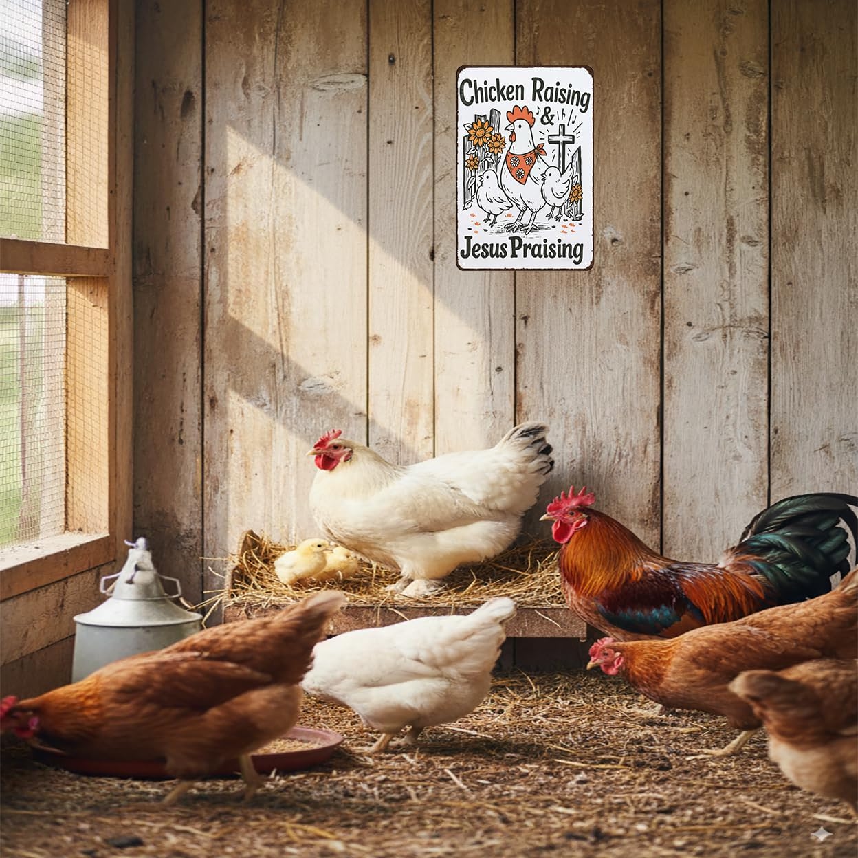 Smilelife Funny Chicken Sign Chicken Raising Jesus Praising Vintage Metal Sign for Home Farm Chicken-Coop Kitchen Garden Yard Decor 8X12 Inch (3938)