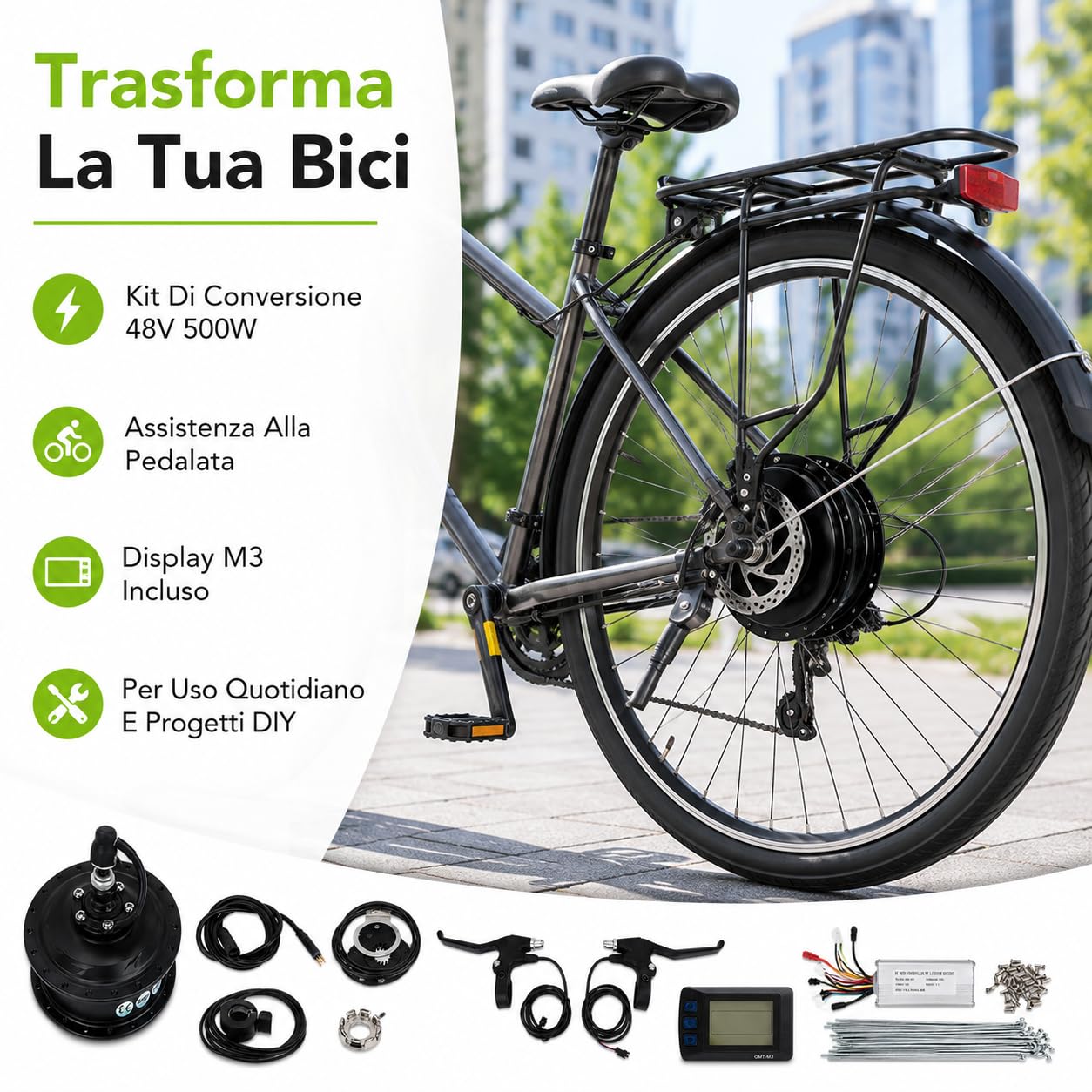 Kit conversione bici elettrica 48V 500W Motore posteriore M3 | Display Meter Controller, Shell in metallo, Kit completo fai da te, Per raggi delle ruote