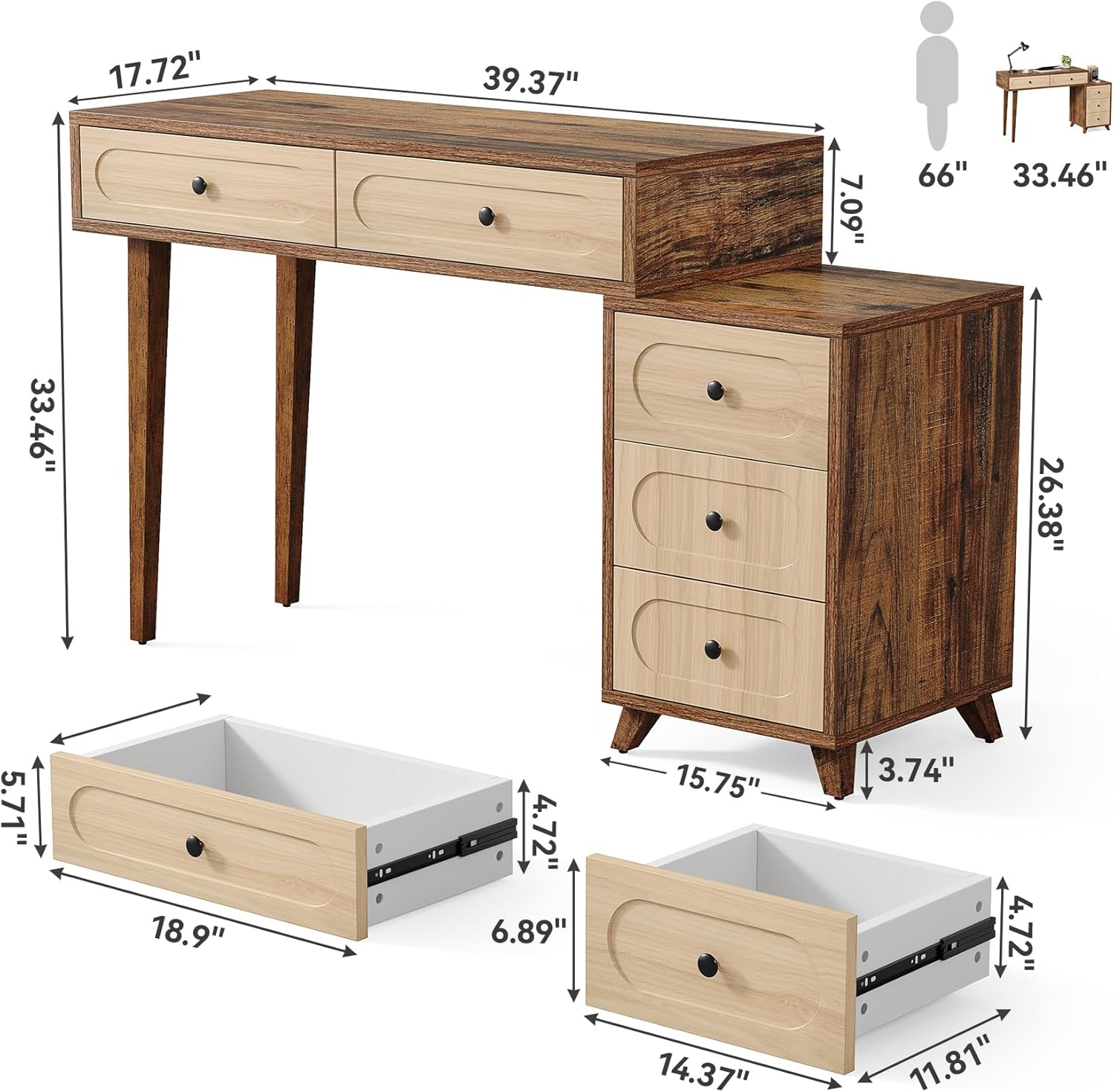 Diagram showing dimensions of the desk and its components