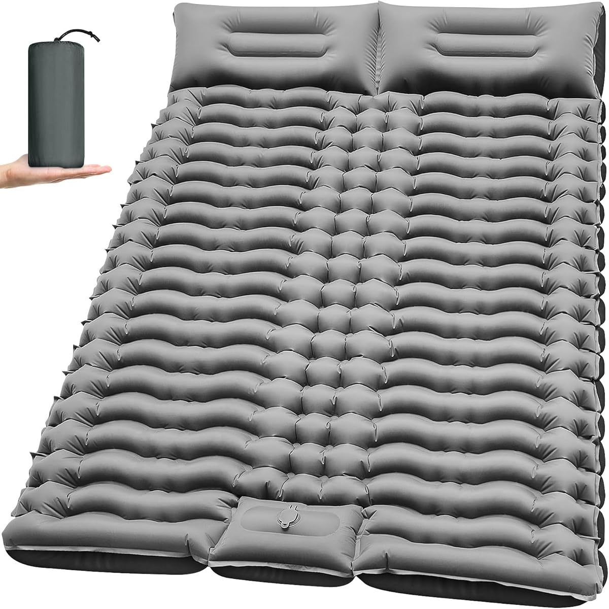 Double Camping Sleeping Pad – 4" Ultra-Thick Foot-Pump Design, Lightweight 2-Person Inflatable Sleeping Mat with Pillow for Backpacking, Hiking, Travel, Tent – Gray