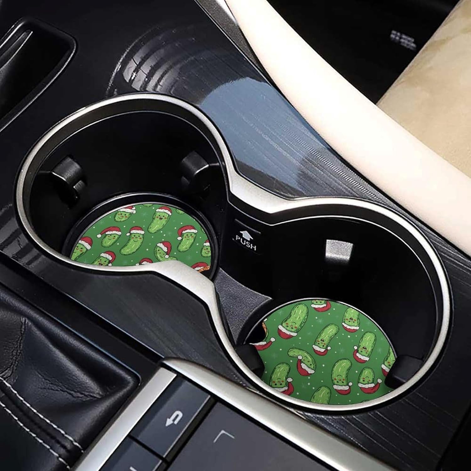 Christmas Pickle Pattern Cute Car Coasters 2.56 Inch Absorbent Cup Holder for Drinks Auto Interior Accessories
