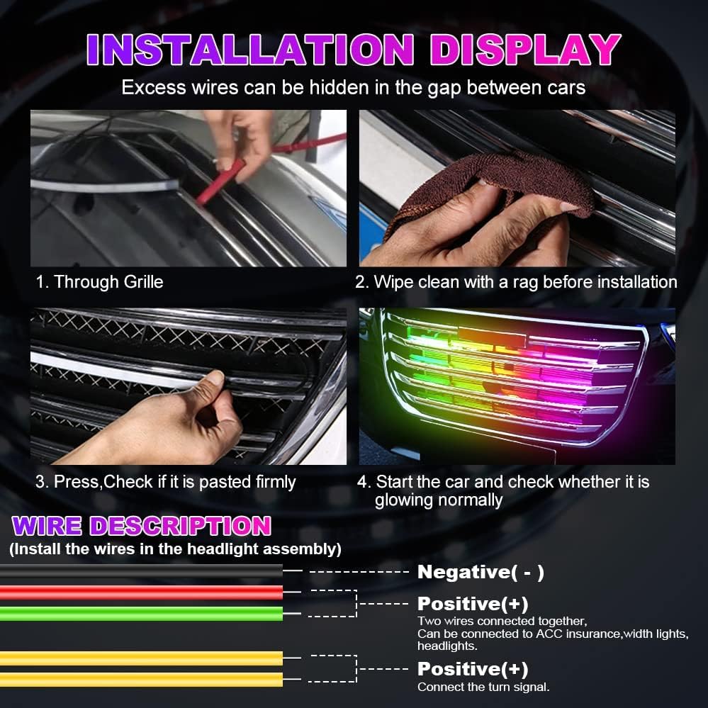 4pcs Car Front Grille LED Lights,4-in-1 Fuctions RGB DRLs/Red Brake Lights/Amber Turn Signal Lights/Warning Lights Waterproof for Car,SUVs, image 8