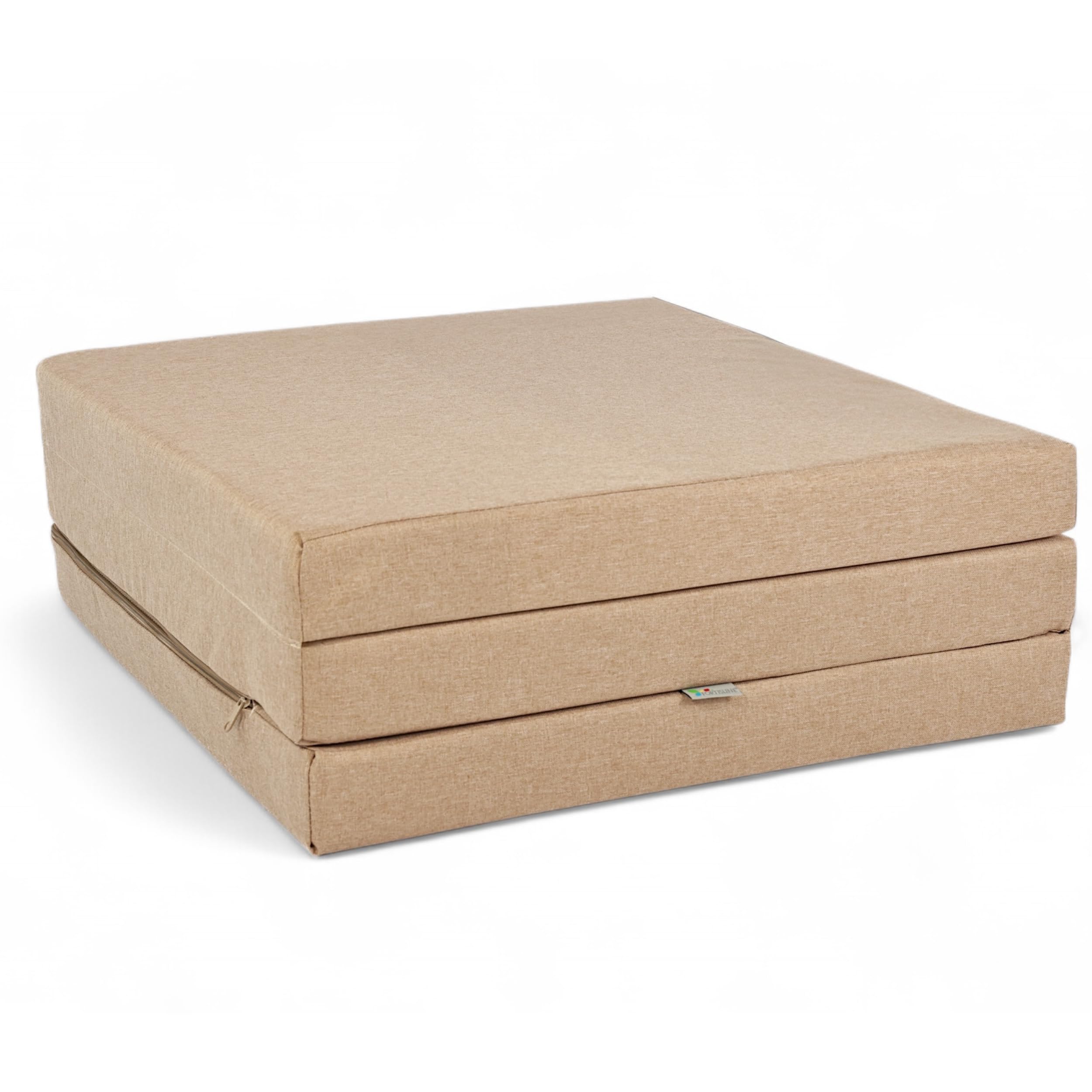FORTISLINE Matelas Pliant 3 Parties 180 x 65 x 7 cm, Beige déperlant - Matelas d’appoint Pliable pour invité, Voyage et Camping, Housse Lavable