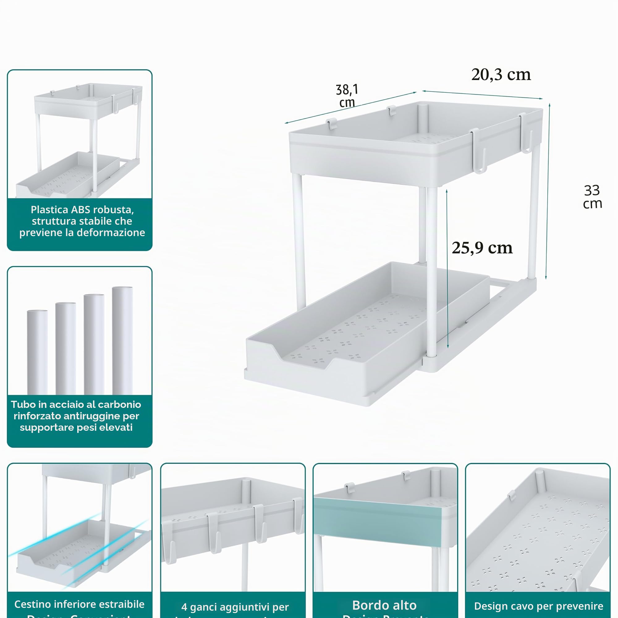 DEKAVA Armadietto, confezione da 2 organizer da sottolavello, organizer scorrevole a 2 ripiani per bagno e cucina, grandi cestini in ABS bianco, facile da installare e pulire