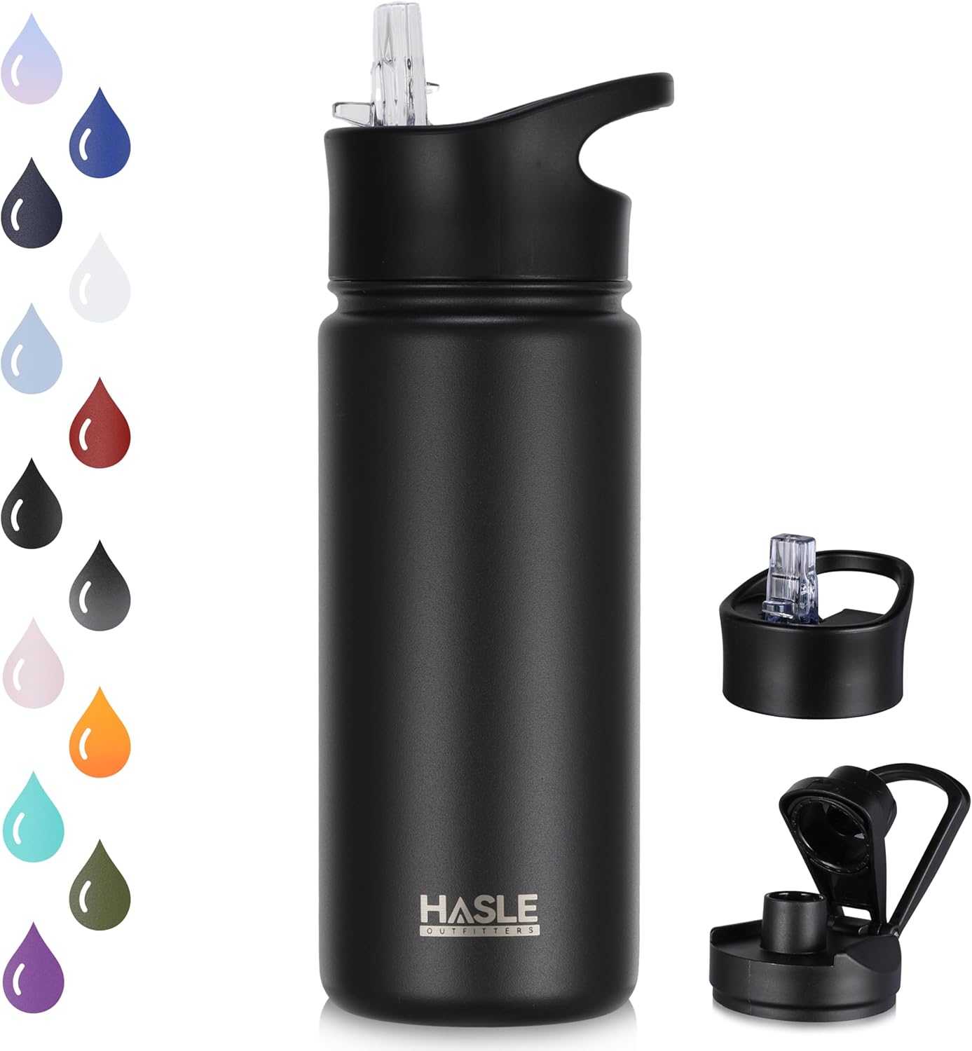 HASLE OUTFITTERS Insulated Water Bottle 16 oz Double Wall Vacuum Stainless Steel Water Bottle Leak Proof Wide Mouth with Straw Lid & Spout Lid Keeps Cold and Hot(Black,1pack)