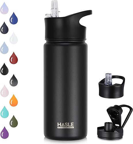 HASLE OUTFITTERS Botella de agua aislada de 16 onzas de acero inoxidable de doble pared al vacío, a prueba de fugas, boca ancha con tapa de popote y