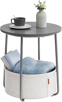 VASAGLE LILEA Collection - Small Round Side End Table, Modern Nightstand with Fabric Basket, Cement Gray and Cream White ULET223G49