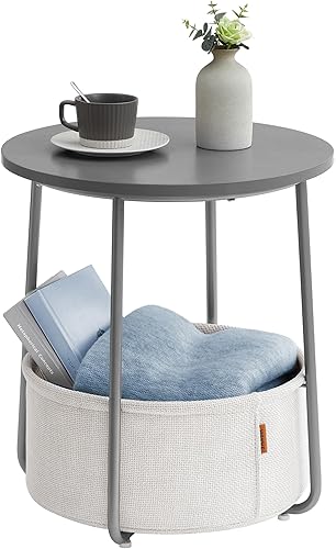 Miniatura 13 de VASAGLE Colección LILEA - Mesa auxiliar pequeña redonda, moderna mesita de noche con cesta de tela, blanco mate y marrón camello ULET223W10 Blanco