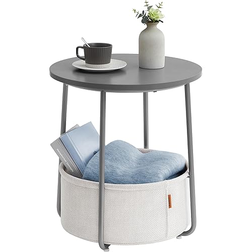 VASAGLE LILEA Collection - Small Round Side End Table, Modern Nightstand with Fabric Basket, Cement Gray and Cream White ULET223G49